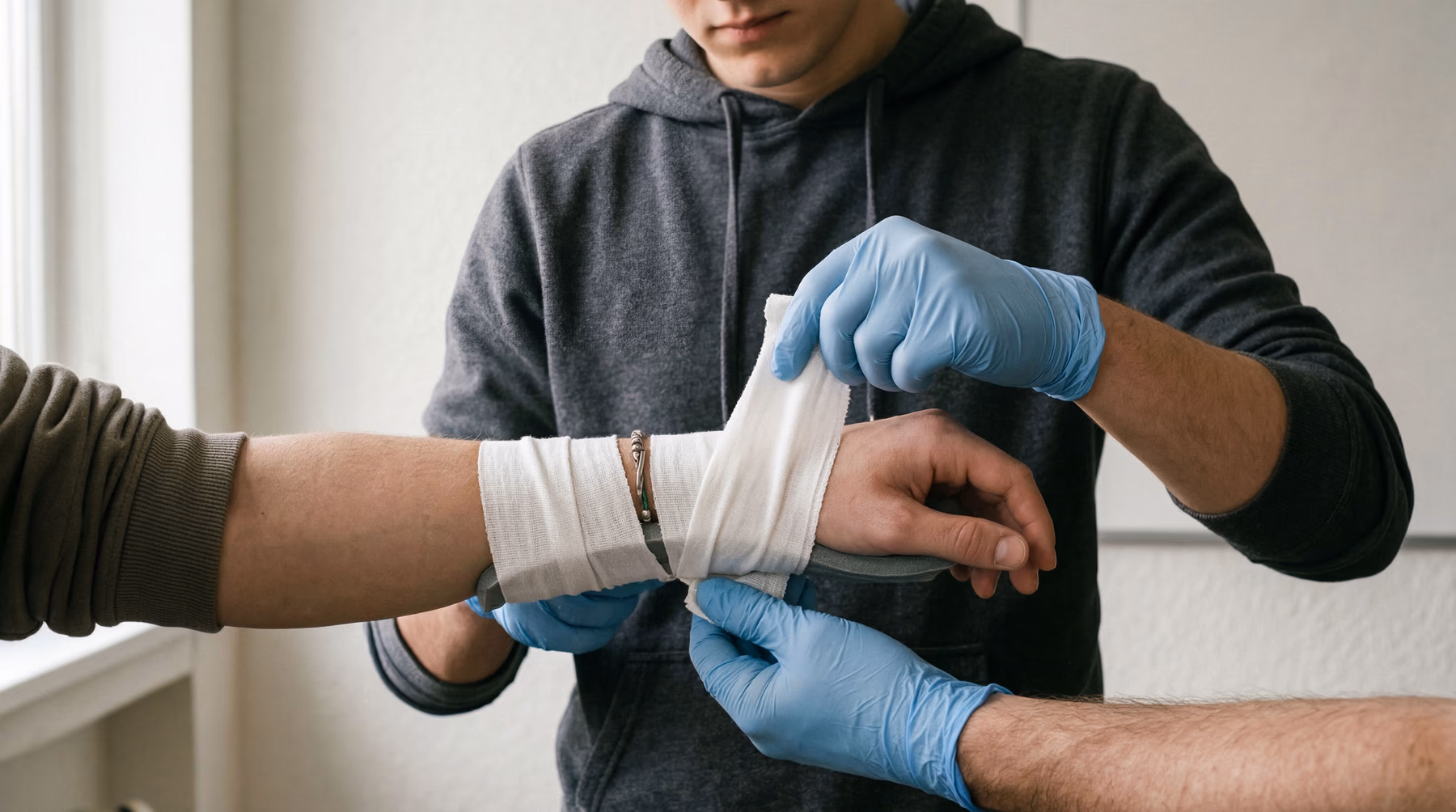 Gloved hands guiding a learner through bandaging a wrist