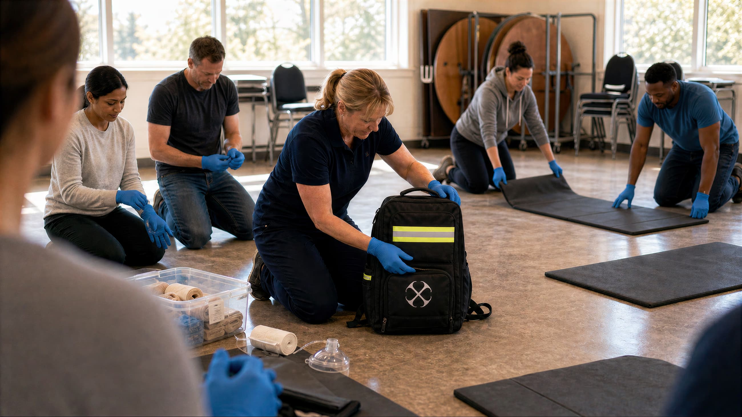 An instructor preparing first aid equipment while learners get ready around the room