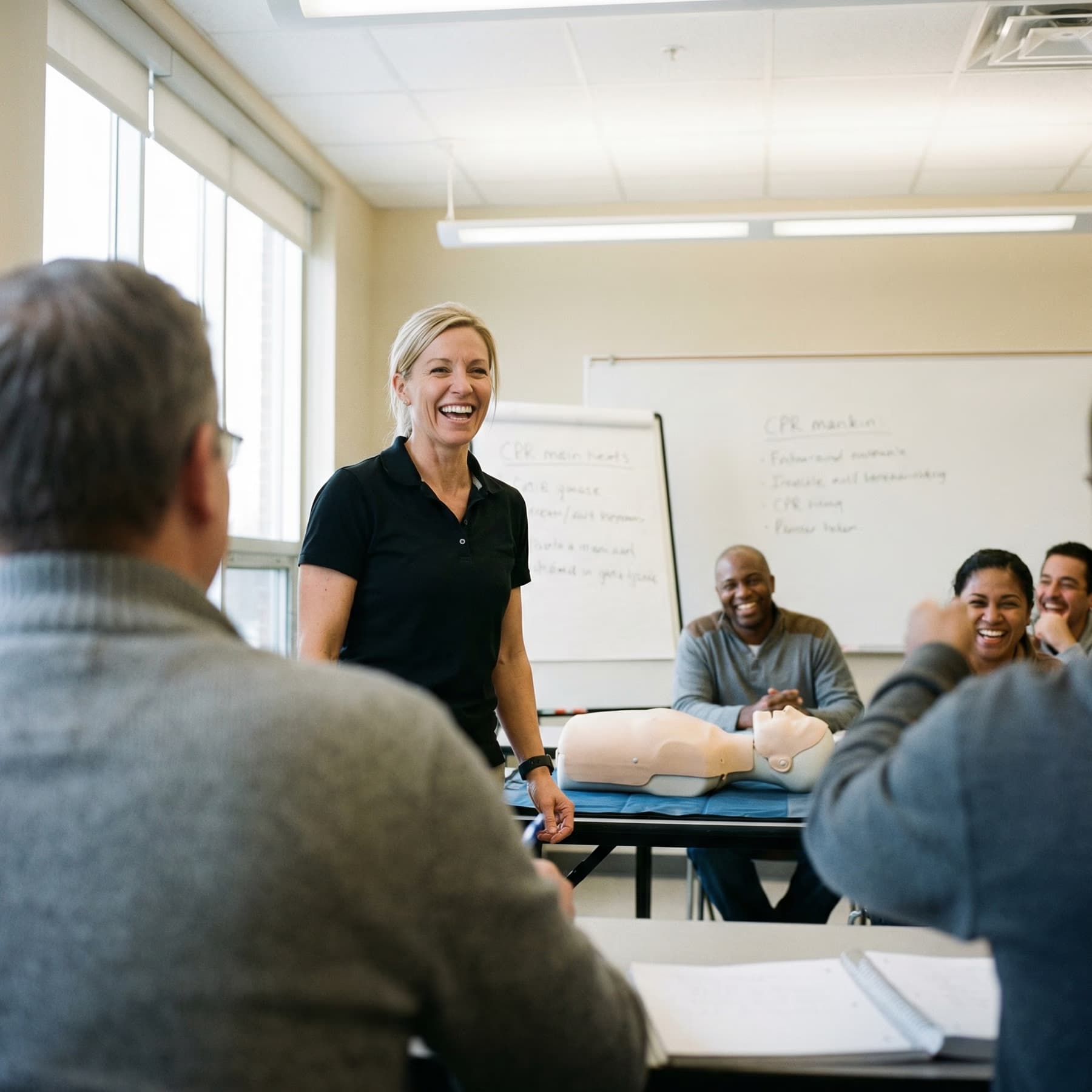 An instructor laughing with learners during a first aid class