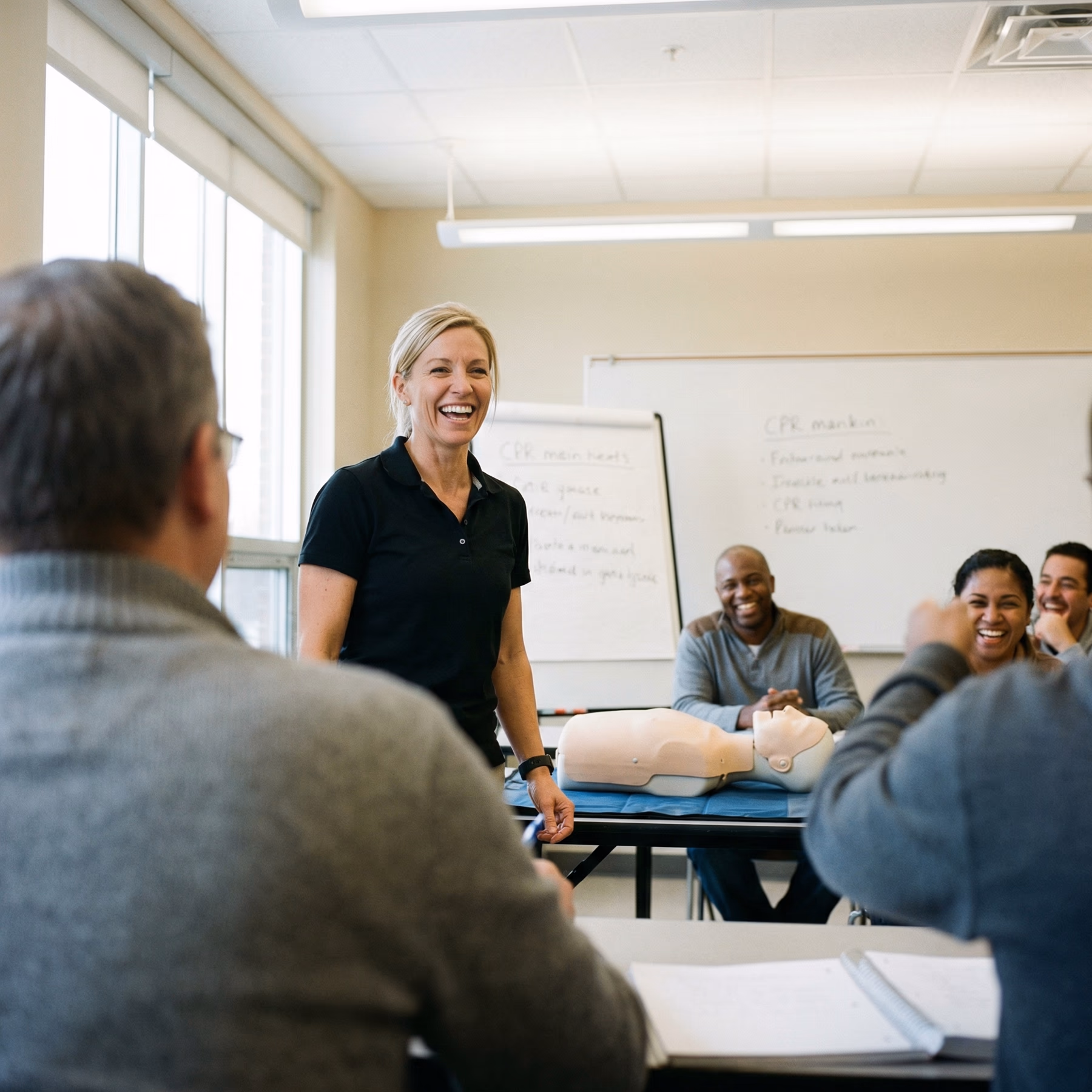 An instructor laughing with learners during a first aid class