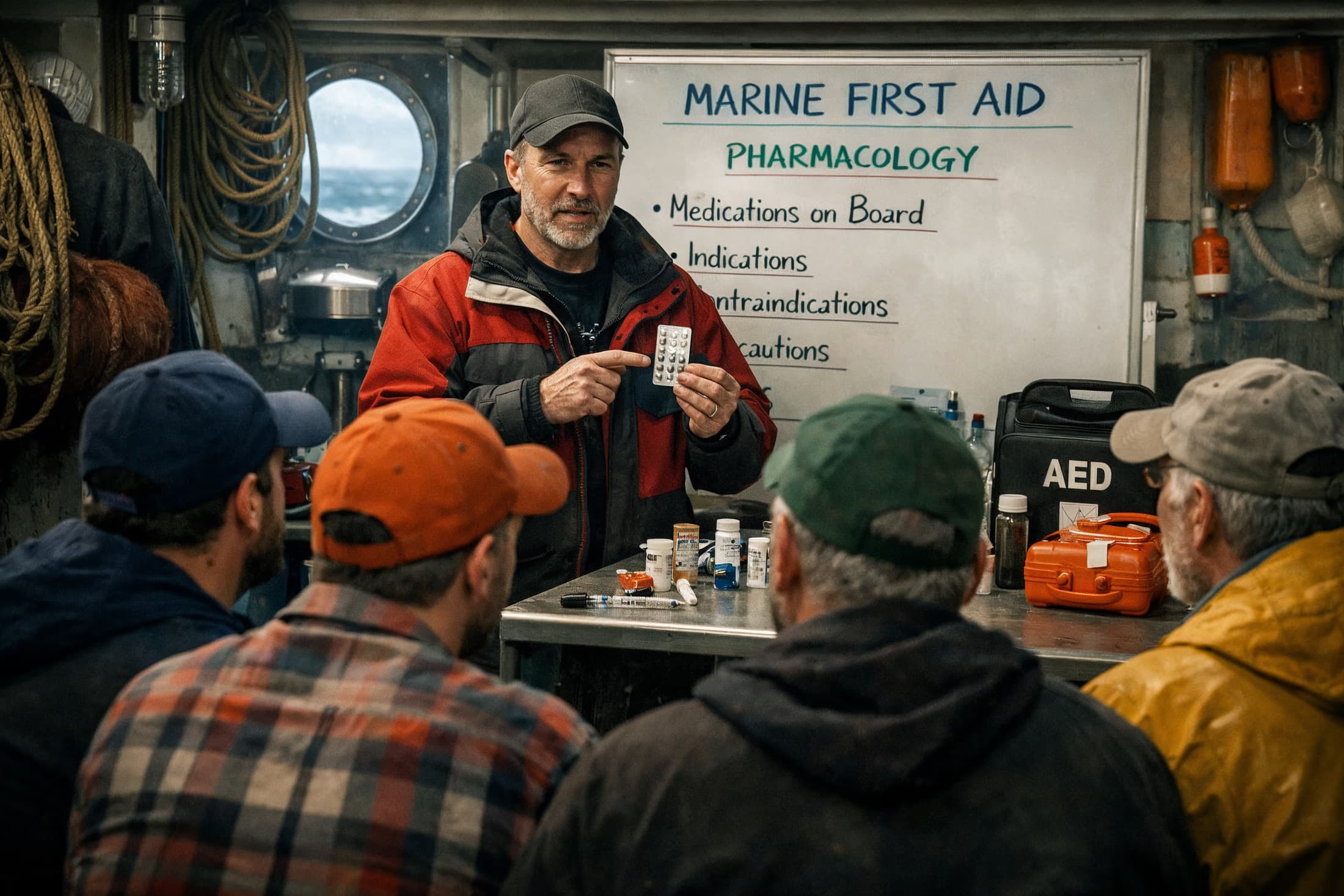 A marine first aid instructor teaching a small working crew aboard a vessel