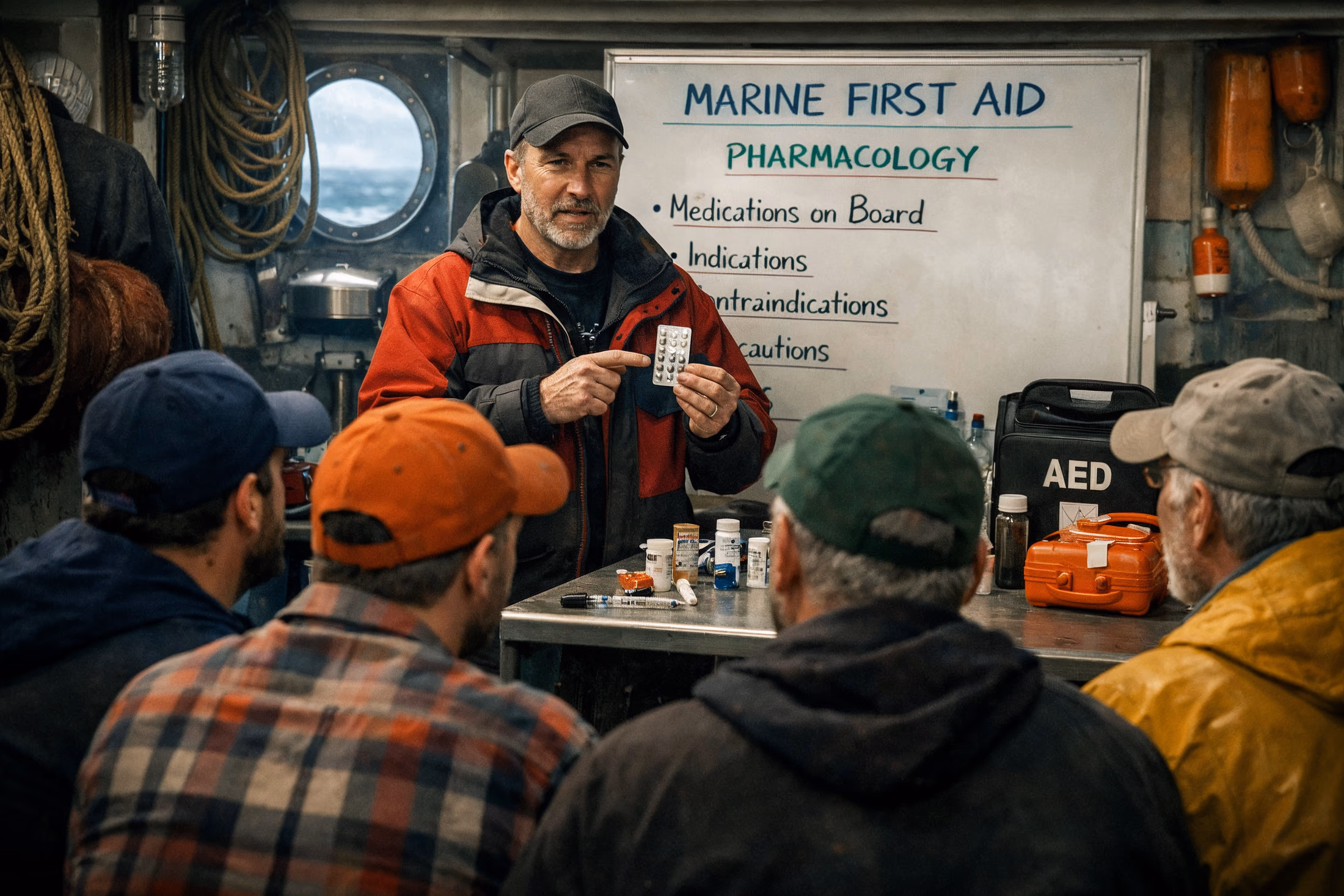 A marine first aid instructor teaching a small working crew aboard a vessel