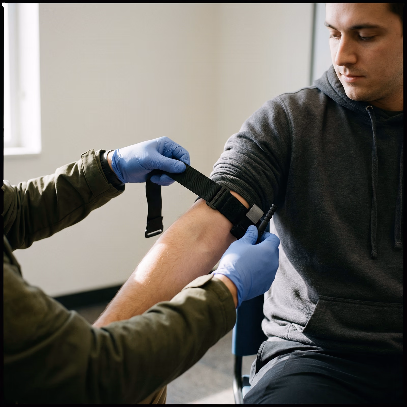 An instructor fitting a training tourniquet to a learner's arm