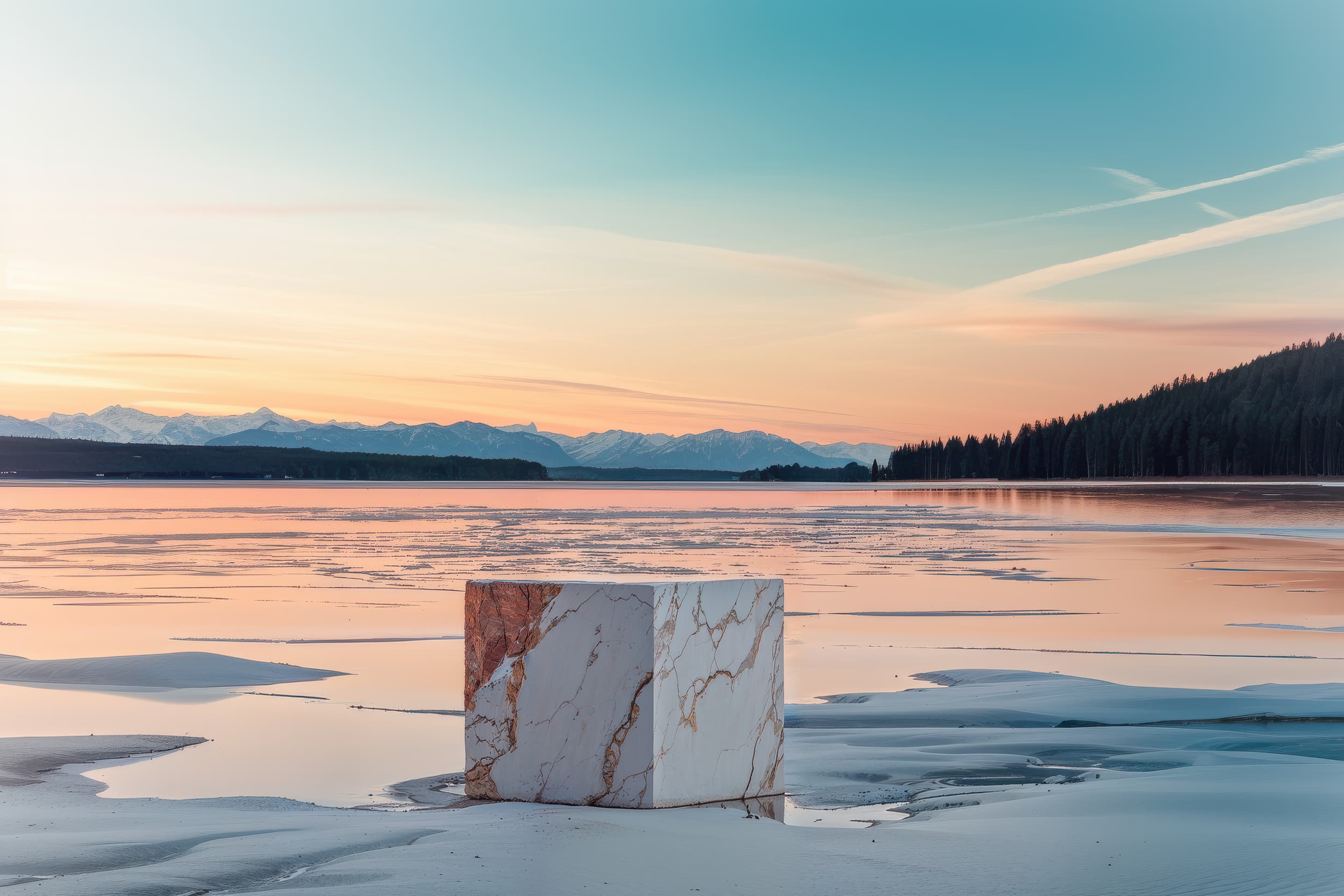 A marble monolith standing on a frozen lakeshore at dusk