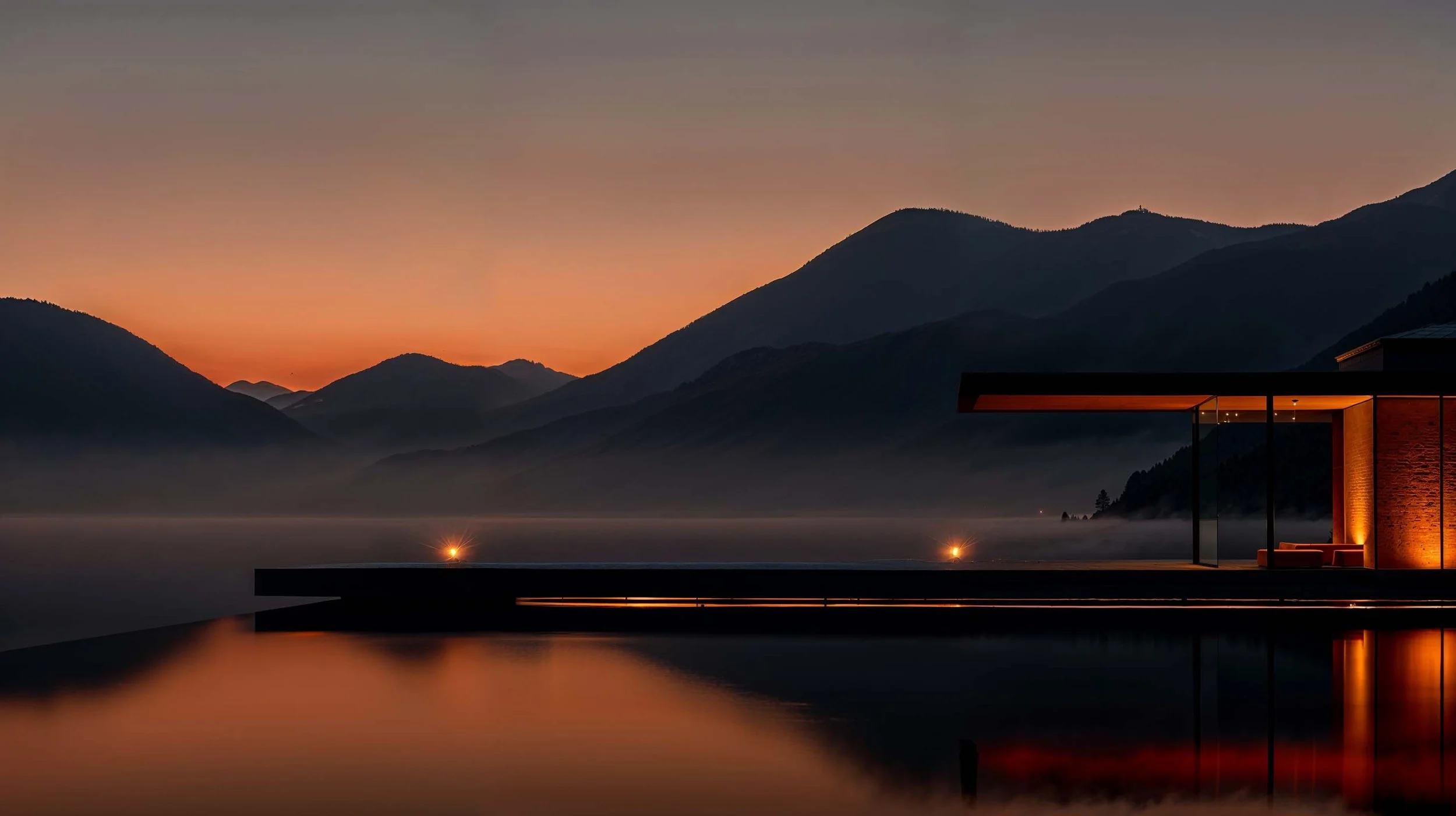 Quiet mountain architecture at dusk